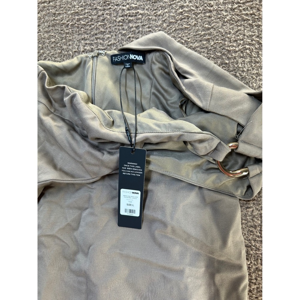 Fashion Nova Amina One Shoulder Ponte Midi Dress Taupe Gold Ring Large NWT - Picture 3 of 5